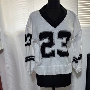 White and Black V-Neck Sweater with Number Design